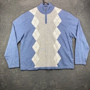 Alfani Mens‎ XL 1/4 Zip Pullover Sweater Blue Argyle Merino Wool Blend Knitwear